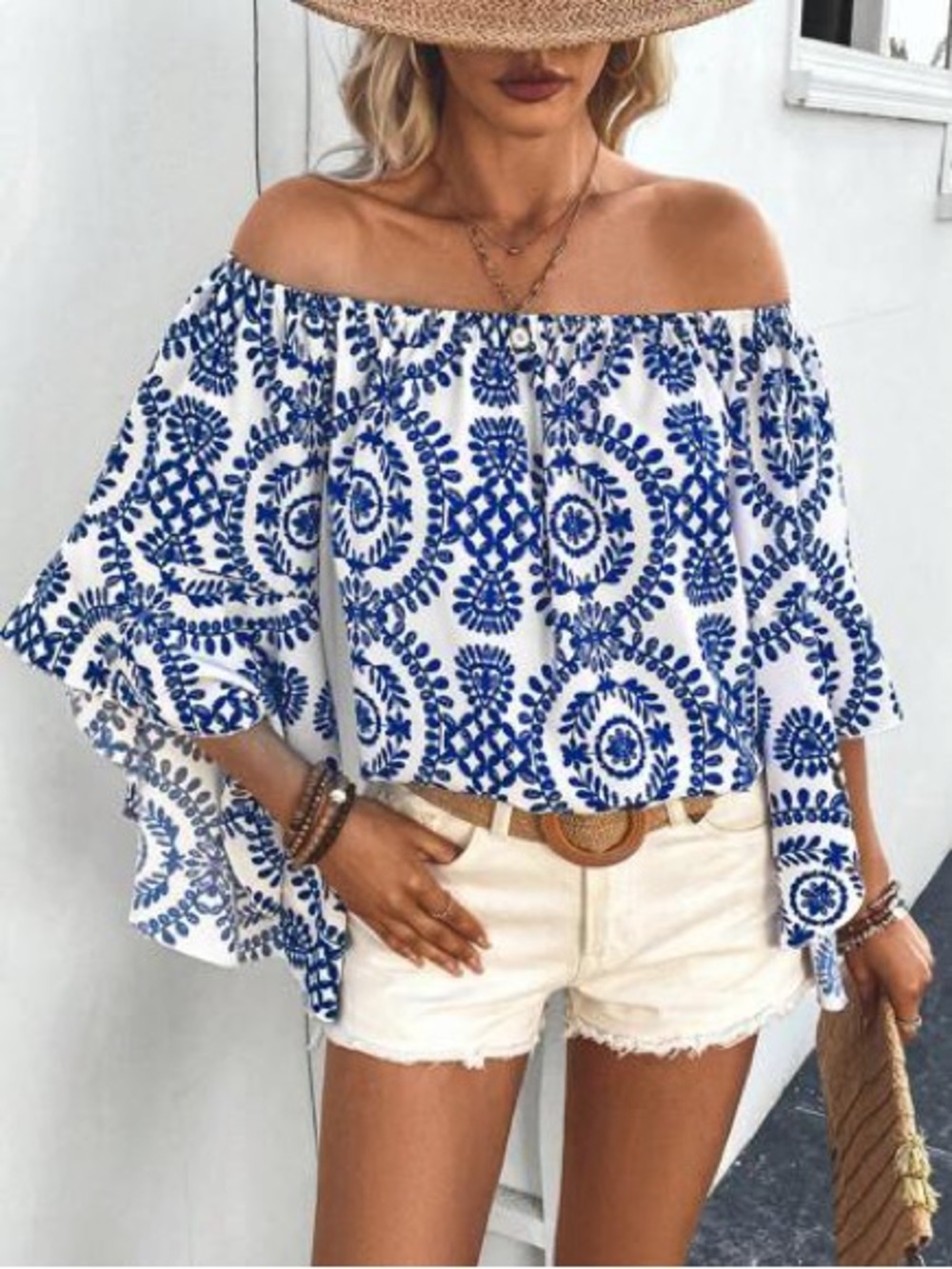 White Off-Shoulder/Blouse with Blue Medallion Print - Picture 1 of 8